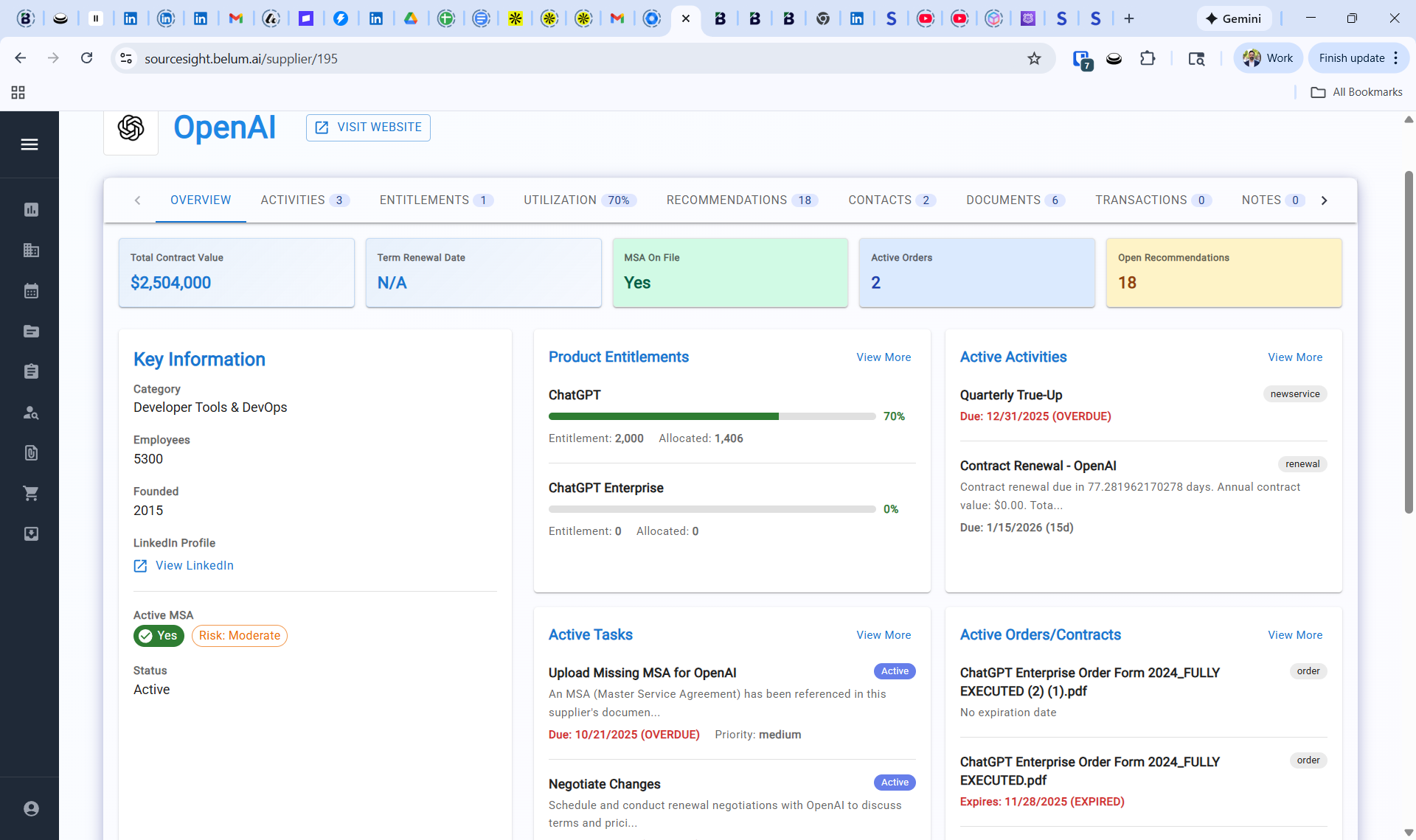 Supplier record with connected docs and spend timeline